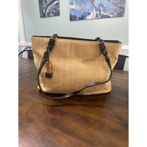Etienne Aigner Straw Tote Bag Tan Paper Woven Shoulder Bag Brown Trim Charm